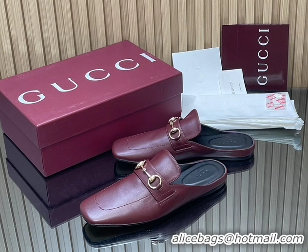Unique Style Gucci Ragazzo Horsebit Flat Mules Burgundy Calf Leather 260503 Burgundy