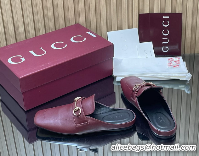 Unique Style Gucci Ragazzo Horsebit Flat Mules Burgundy Calf Leather 260503 Burgundy