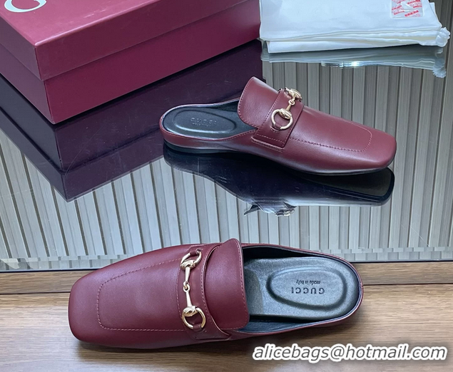 Unique Style Gucci Ragazzo Horsebit Flat Mules Burgundy Calf Leather 260503 Burgundy