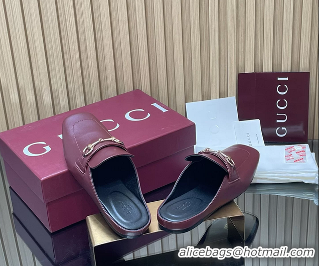 Unique Style Gucci Ragazzo Horsebit Flat Mules Burgundy Calf Leather 260503 Burgundy