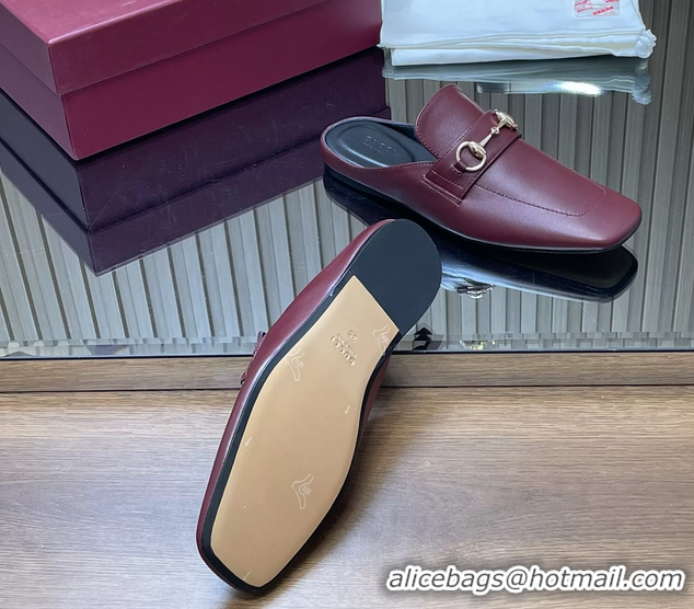 Unique Style Gucci Ragazzo Horsebit Flat Mules Burgundy Calf Leather 260503 Burgundy
