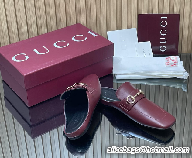 Unique Style Gucci Ragazzo Horsebit Flat Mules Burgundy Calf Leather 260503 Burgundy
