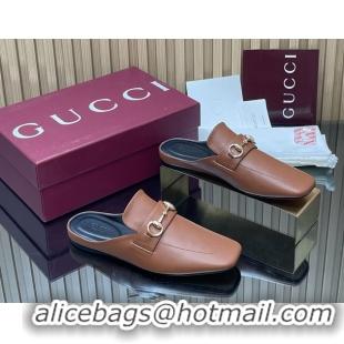 Best Price Gucci Ragazzo Horsebit Flat Mules Brown Calf Leather 260503 Brown