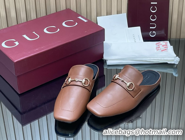 Best Price Gucci Ragazzo Horsebit Flat Mules Brown Calf Leather 260503 Brown