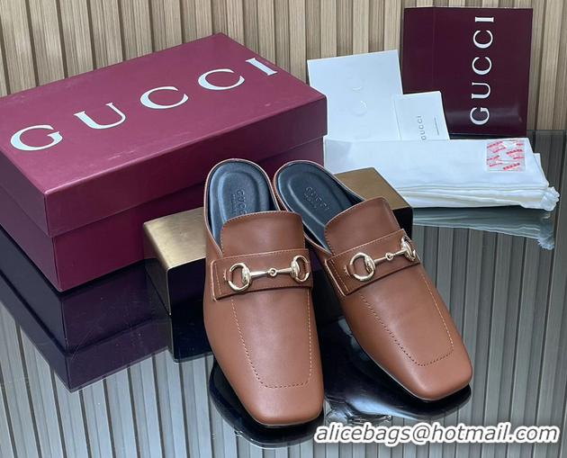 Best Price Gucci Ragazzo Horsebit Flat Mules Brown Calf Leather 260503 Brown
