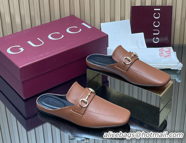 Best Price Gucci Ragazzo Horsebit Flat Mules Brown Calf Leather 260503 Brown