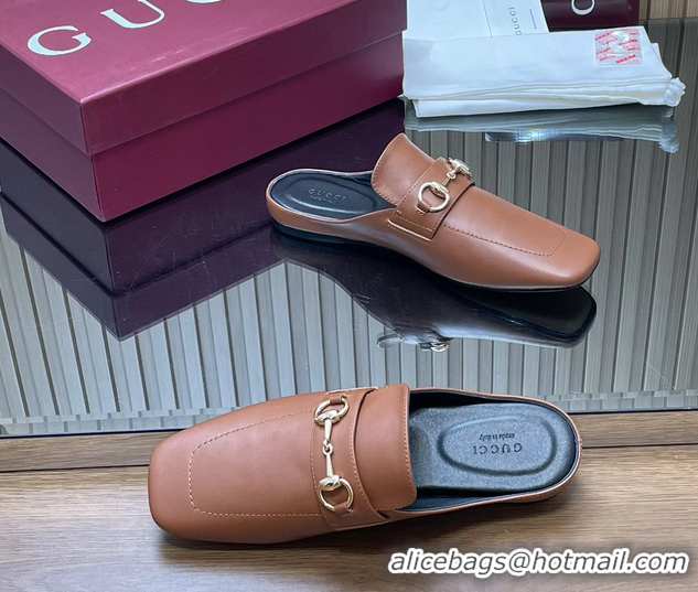 Best Price Gucci Ragazzo Horsebit Flat Mules Brown Calf Leather 260503 Brown