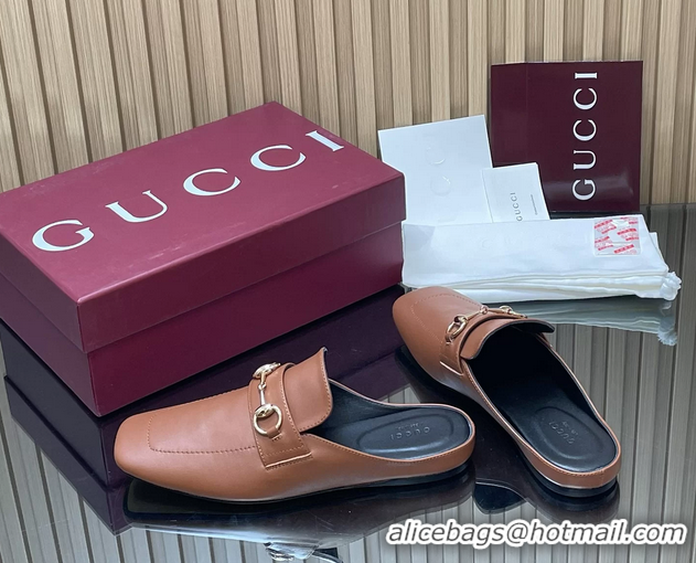 Best Price Gucci Ragazzo Horsebit Flat Mules Brown Calf Leather 260503 Brown