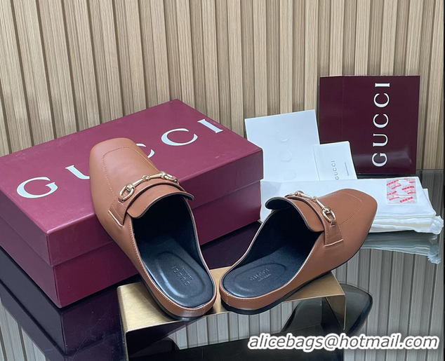 Best Price Gucci Ragazzo Horsebit Flat Mules Brown Calf Leather 260503 Brown