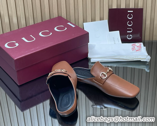 Best Price Gucci Ragazzo Horsebit Flat Mules Brown Calf Leather 260503 Brown
