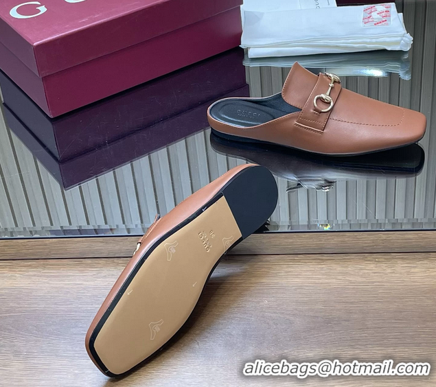 Best Price Gucci Ragazzo Horsebit Flat Mules Brown Calf Leather 260503 Brown