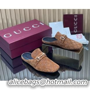 Top Design Gucci Ragazzo Horsebit Flat Mules Brown GG Suede Leather 260503 Brown
