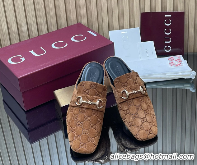 Top Design Gucci Ragazzo Horsebit Flat Mules Brown GG Suede Leather 260503 Brown