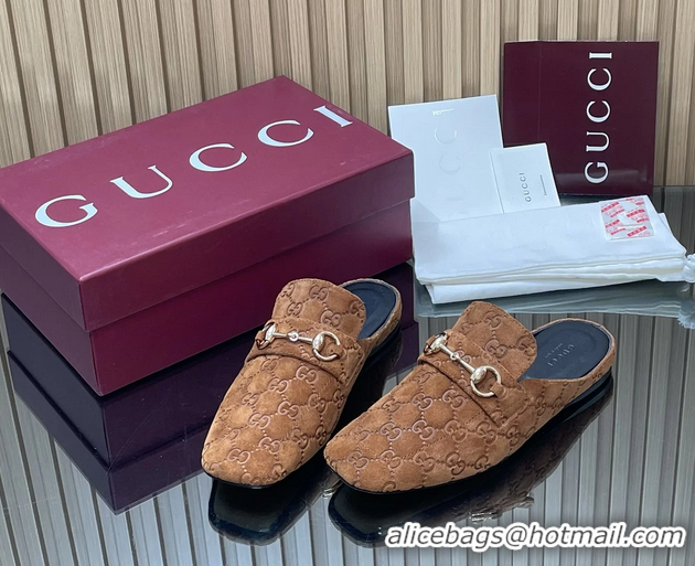 Top Design Gucci Ragazzo Horsebit Flat Mules Brown GG Suede Leather 260503 Brown
