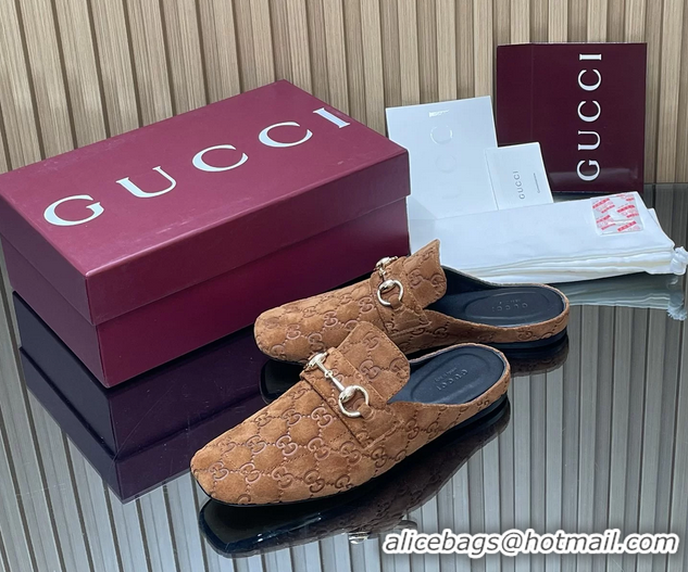 Top Design Gucci Ragazzo Horsebit Flat Mules Brown GG Suede Leather 260503 Brown