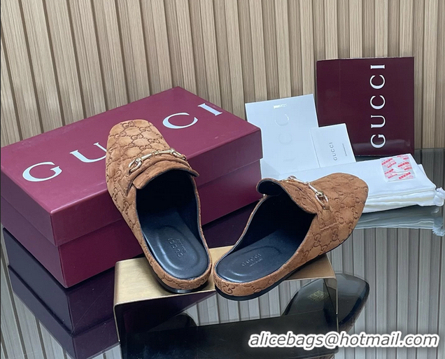 Top Design Gucci Ragazzo Horsebit Flat Mules Brown GG Suede Leather 260503 Brown