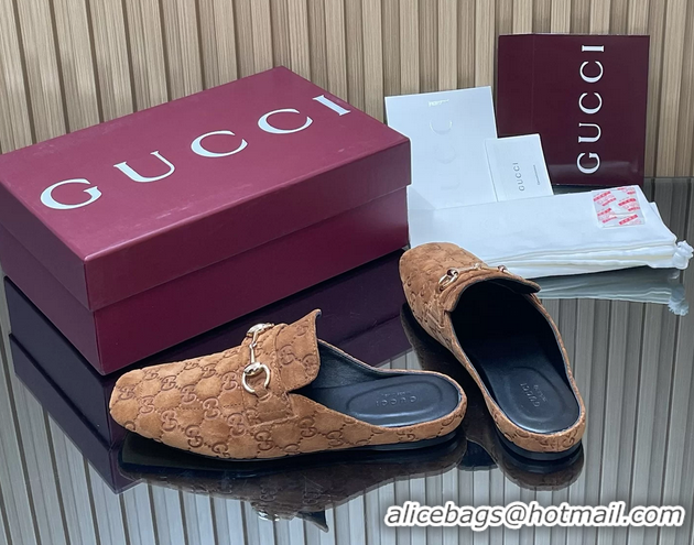 Top Design Gucci Ragazzo Horsebit Flat Mules Brown GG Suede Leather 260503 Brown