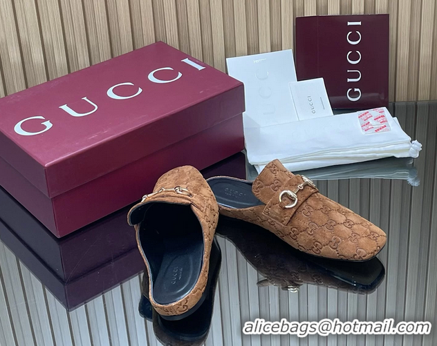 Top Design Gucci Ragazzo Horsebit Flat Mules Brown GG Suede Leather 260503 Brown