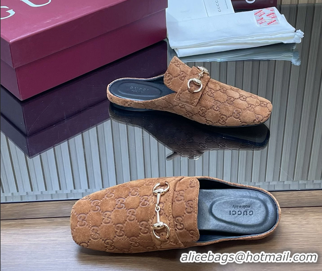 Top Design Gucci Ragazzo Horsebit Flat Mules Brown GG Suede Leather 260503 Brown