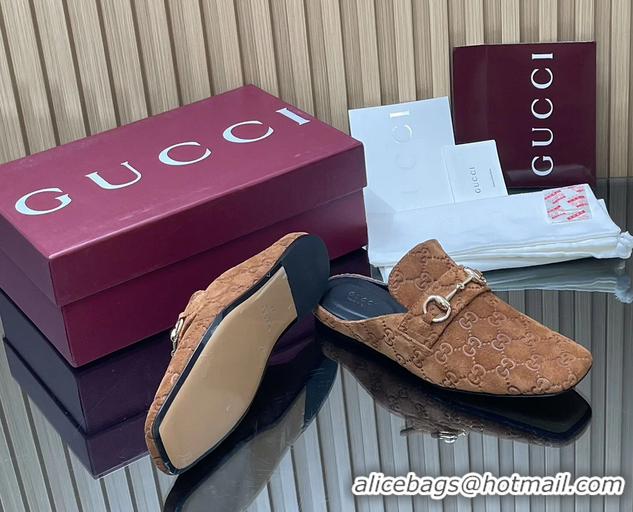 Top Design Gucci Ragazzo Horsebit Flat Mules Brown GG Suede Leather 260503 Brown