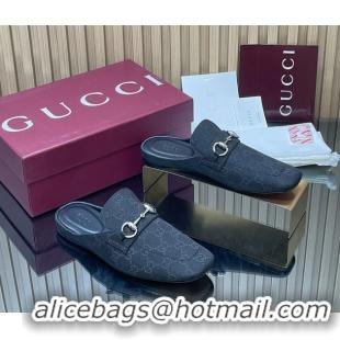 Best Product Gucci Ragazzo Horsebit Flat Mules Black GG Canvas 260503 Black