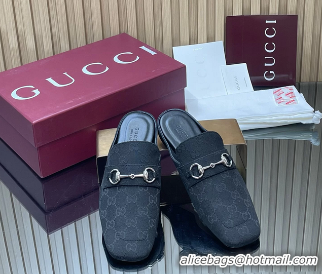 Best Product Gucci Ragazzo Horsebit Flat Mules Black GG Canvas 260503 Black