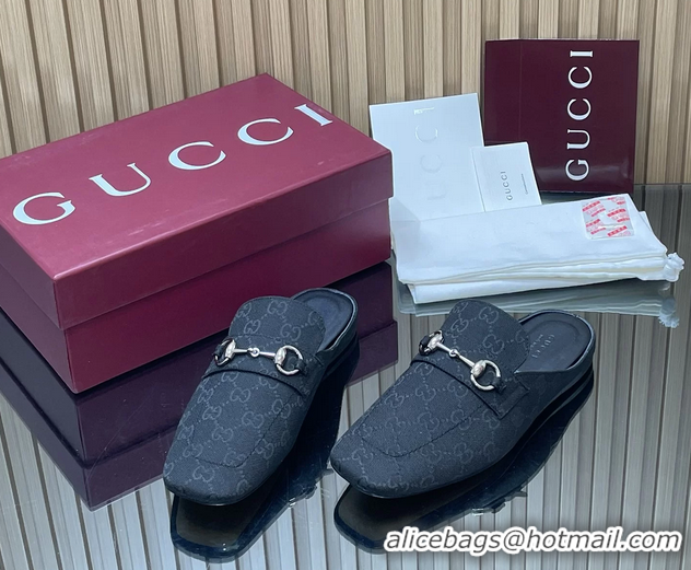 Best Product Gucci Ragazzo Horsebit Flat Mules Black GG Canvas 260503 Black