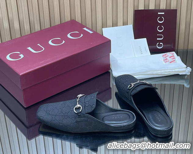 Best Product Gucci Ragazzo Horsebit Flat Mules Black GG Canvas 260503 Black