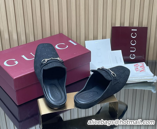 Best Product Gucci Ragazzo Horsebit Flat Mules Black GG Canvas 260503 Black