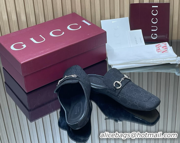 Best Product Gucci Ragazzo Horsebit Flat Mules Black GG Canvas 260503 Black
