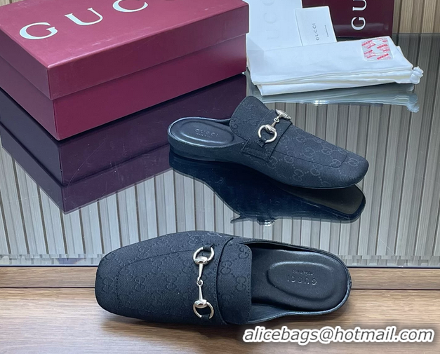 Best Product Gucci Ragazzo Horsebit Flat Mules Black GG Canvas 260503 Black