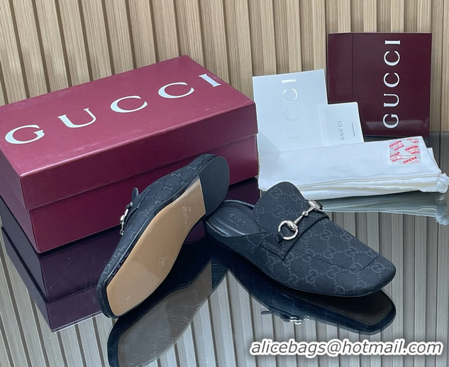Best Product Gucci Ragazzo Horsebit Flat Mules Black GG Canvas 260503 Black