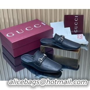 Perfect Gucci Ragazzo Horsebit Flat Mules Black Calf Leather 260503 Black