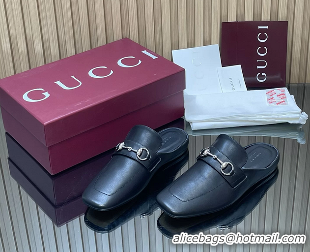 Perfect Gucci Ragazzo Horsebit Flat Mules Black Calf Leather 260503 Black