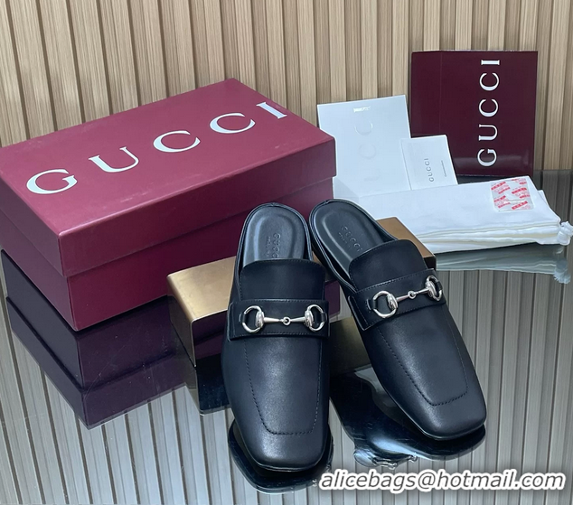 Perfect Gucci Ragazzo Horsebit Flat Mules Black Calf Leather 260503 Black