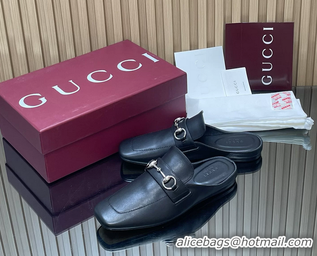 Perfect Gucci Ragazzo Horsebit Flat Mules Black Calf Leather 260503 Black