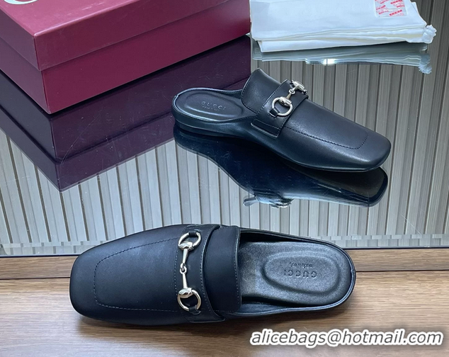 Perfect Gucci Ragazzo Horsebit Flat Mules Black Calf Leather 260503 Black
