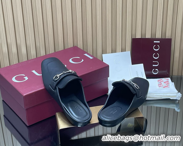 Perfect Gucci Ragazzo Horsebit Flat Mules Black Calf Leather 260503 Black