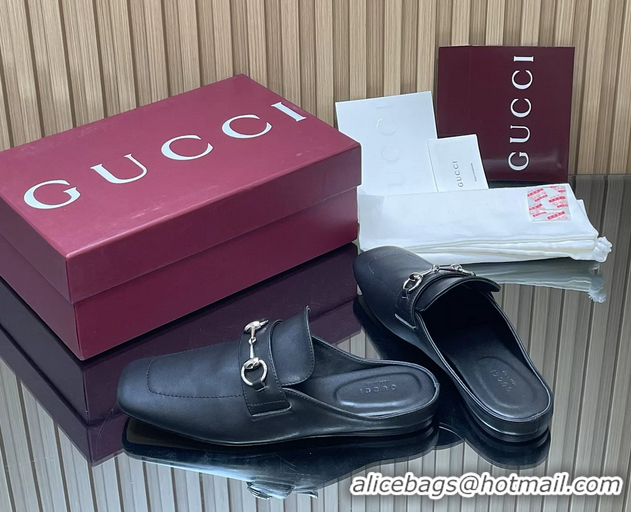 Perfect Gucci Ragazzo Horsebit Flat Mules Black Calf Leather 260503 Black
