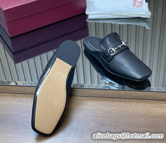 Perfect Gucci Ragazzo Horsebit Flat Mules Black Calf Leather 260503 Black