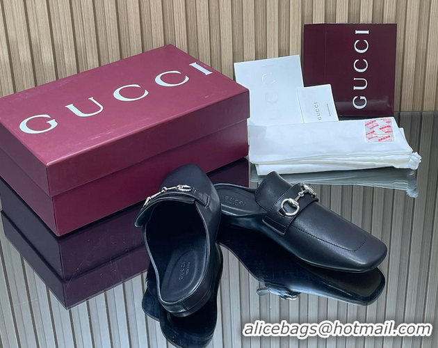 Perfect Gucci Ragazzo Horsebit Flat Mules Black Calf Leather 260503 Black