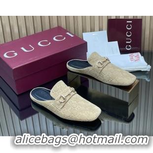 Cheap Price Gucci Ragazzo Horsebit Flat Mules Beige GG Suede Leather 260503 Beige