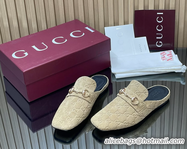 Cheap Price Gucci Ragazzo Horsebit Flat Mules Beige GG Suede Leather 260503 Beige