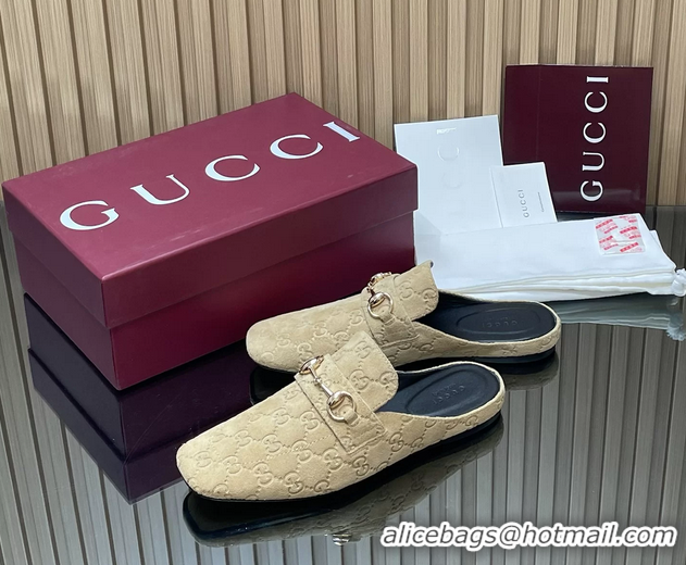 Cheap Price Gucci Ragazzo Horsebit Flat Mules Beige GG Suede Leather 260503 Beige