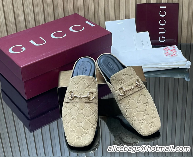 Cheap Price Gucci Ragazzo Horsebit Flat Mules Beige GG Suede Leather 260503 Beige