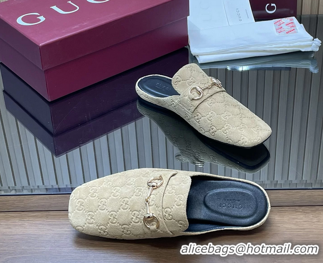 Cheap Price Gucci Ragazzo Horsebit Flat Mules Beige GG Suede Leather 260503 Beige