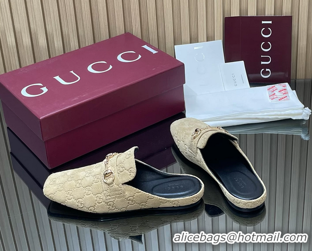 Cheap Price Gucci Ragazzo Horsebit Flat Mules Beige GG Suede Leather 260503 Beige