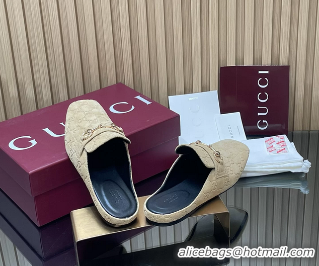 Cheap Price Gucci Ragazzo Horsebit Flat Mules Beige GG Suede Leather 260503 Beige