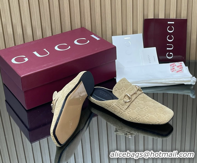 Cheap Price Gucci Ragazzo Horsebit Flat Mules Beige GG Suede Leather 260503 Beige