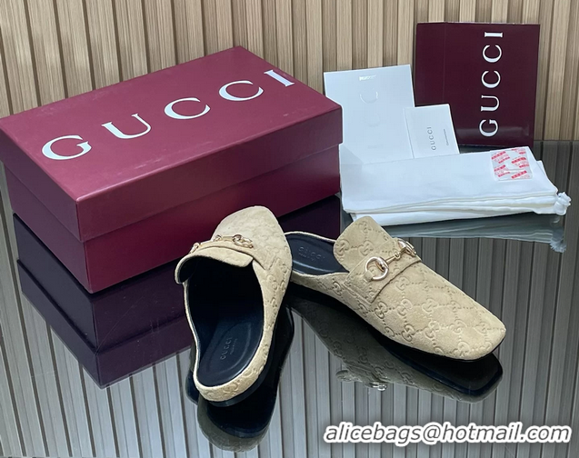 Cheap Price Gucci Ragazzo Horsebit Flat Mules Beige GG Suede Leather 260503 Beige